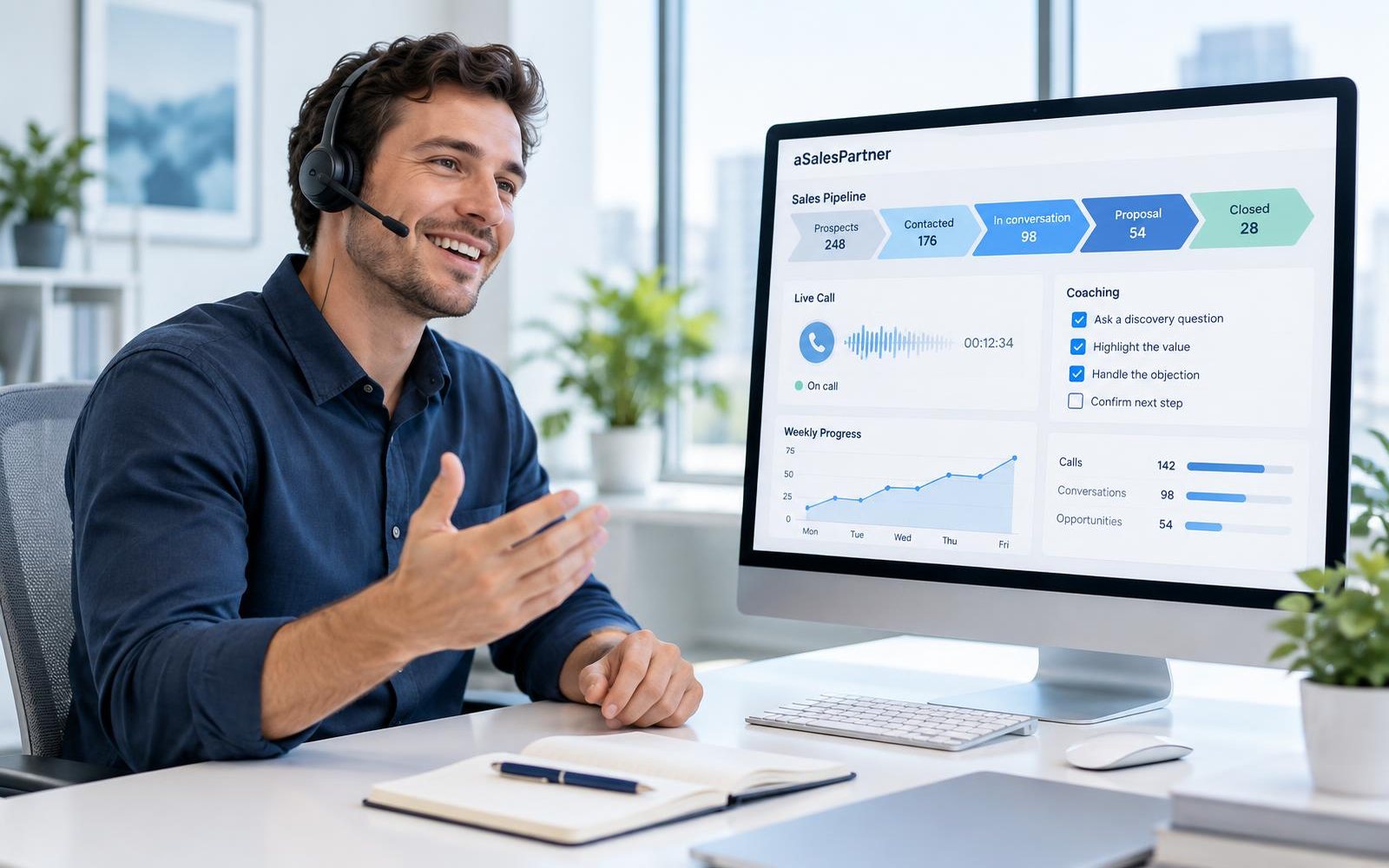 A smiling sales representative wearing a headset beside a dashboard showing the sales pipeline, a live call, coaching, weekly progress, and activity